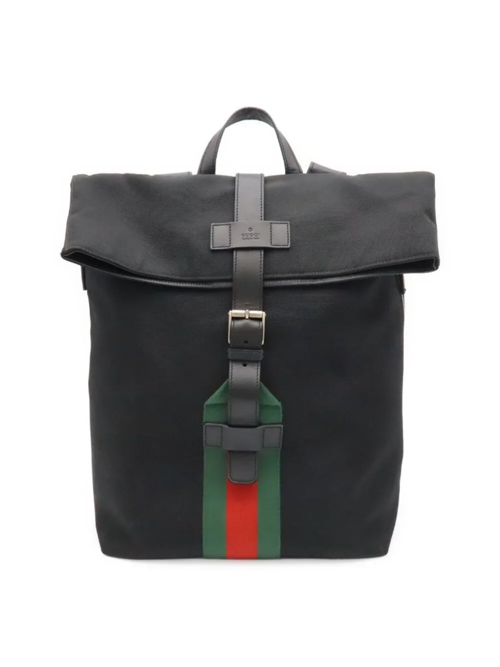 Gucci Band Techno Canvas Web Line Sherry Backpack Leather Black Green